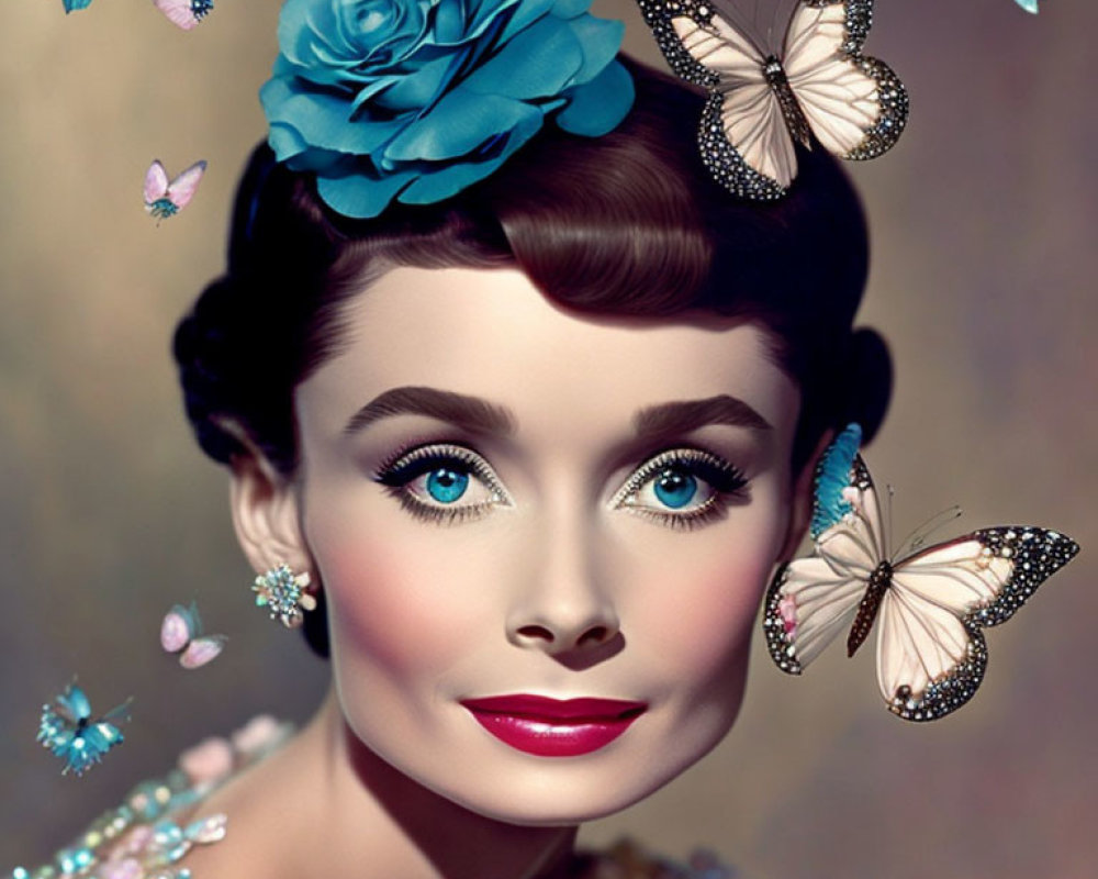 Vintage Portrait of Woman with Blue Flower and Butterflies on Brown Background