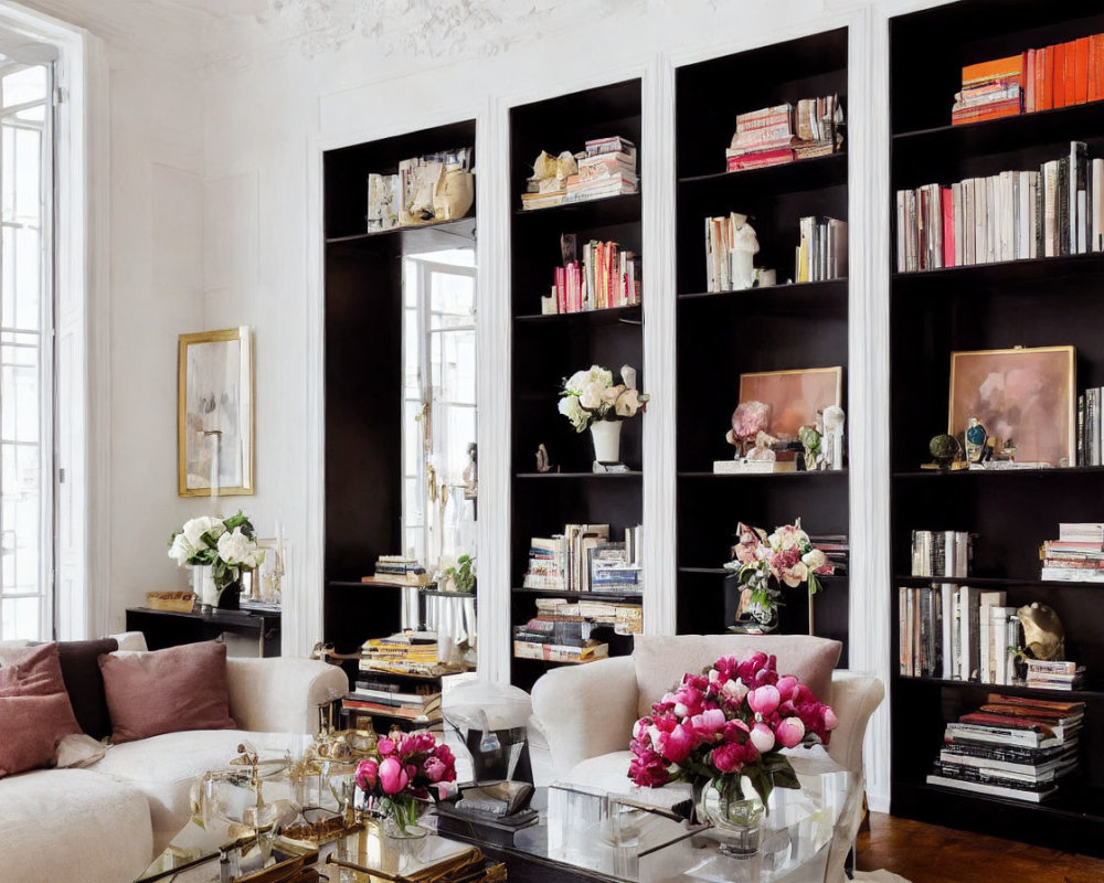 Modern living room with white walls, black bookshelves, art, sofas, coffee table, and