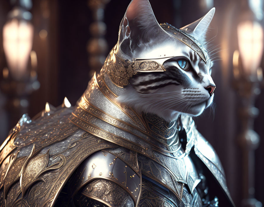 Regal cat in medieval knight's armor showcasing nobility