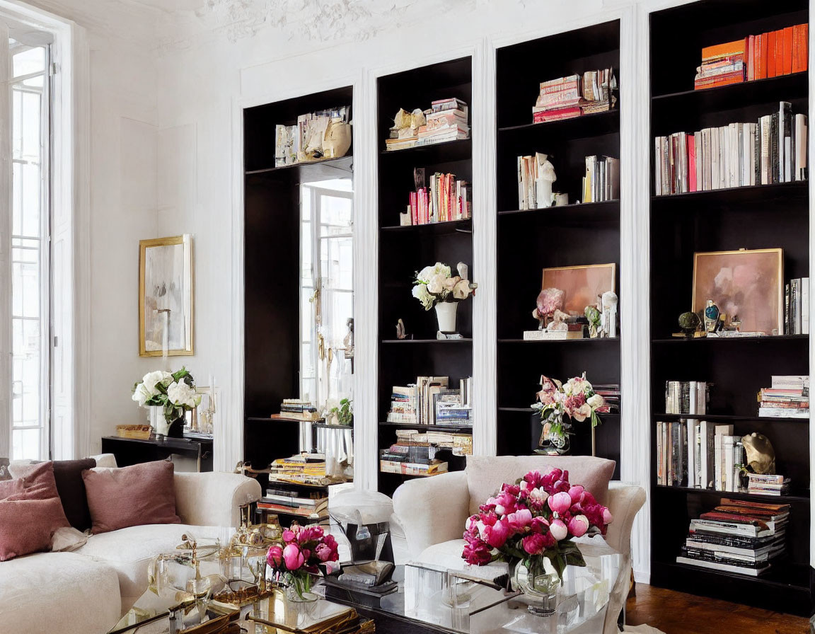 Modern living room with white walls, black bookshelves, art, sofas, coffee table, and