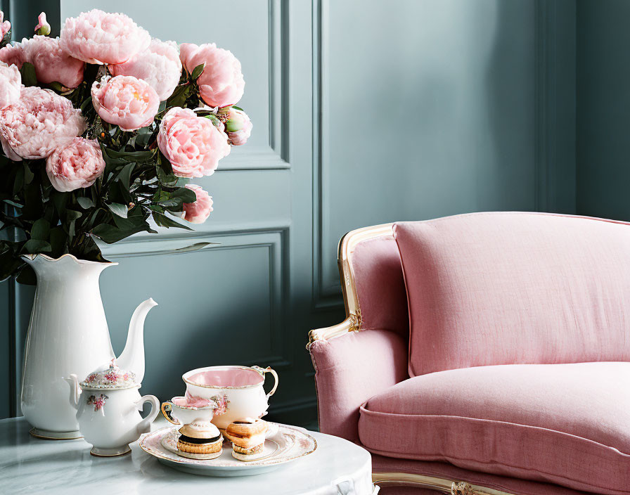 Stylish interior with pink sofa, peonies in white vase, and elegant tea set.