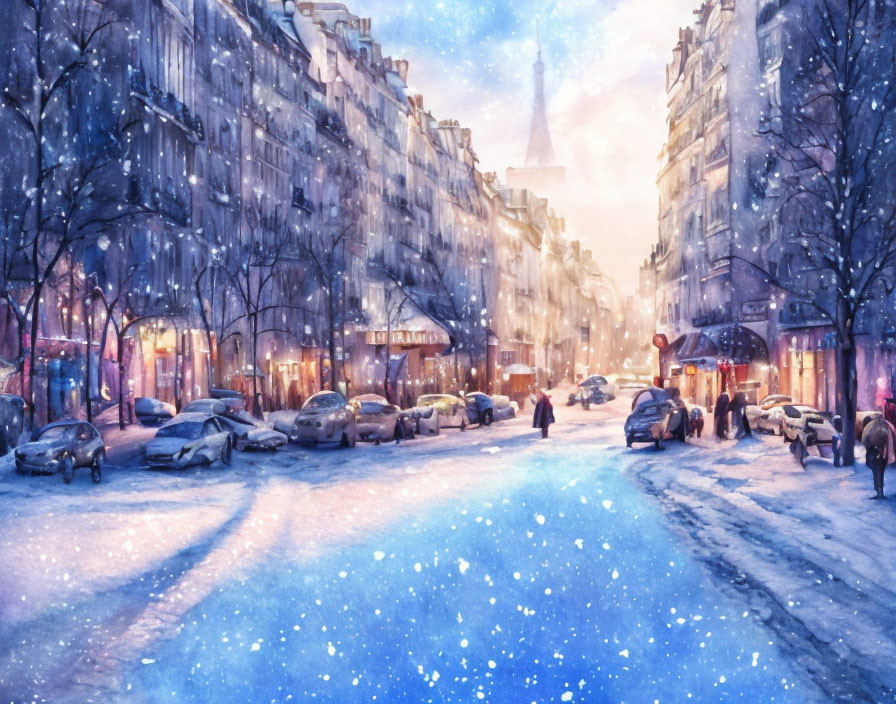 Snowy Evening Scene: City Street with Buildings, Pedestrians, and Eiffel Tower Hint