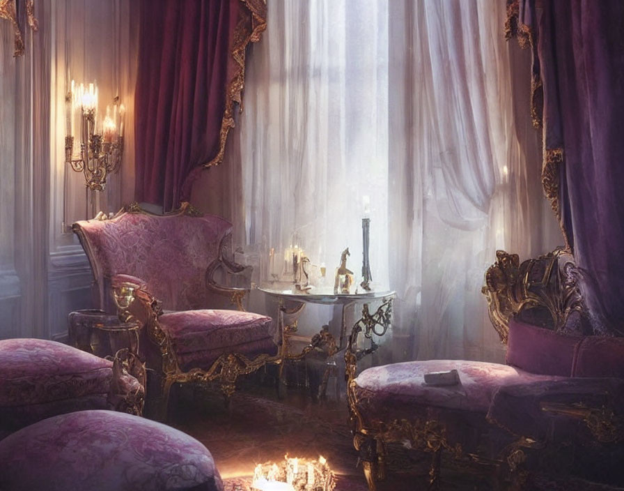 Luxurious Vintage Room with Purple Velvet Chairs and Glowing Chandelier