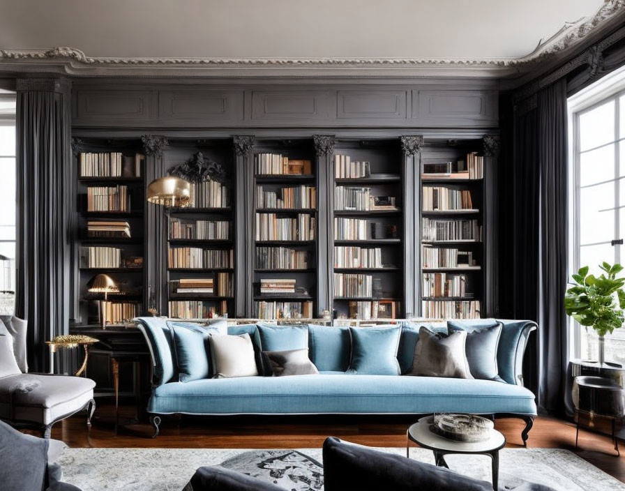 Sophisticated living room with blue sofa, built-in bookshelves, dark walls, large windows