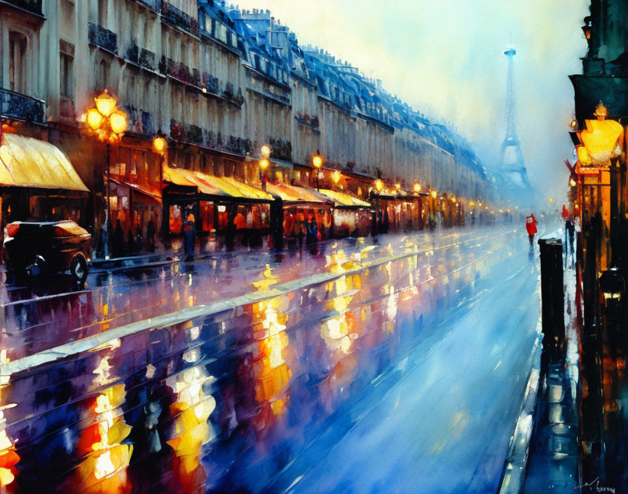 Rainy Paris Street Scene Watercolor Painting with Eiffel Tower and Red Umbrella