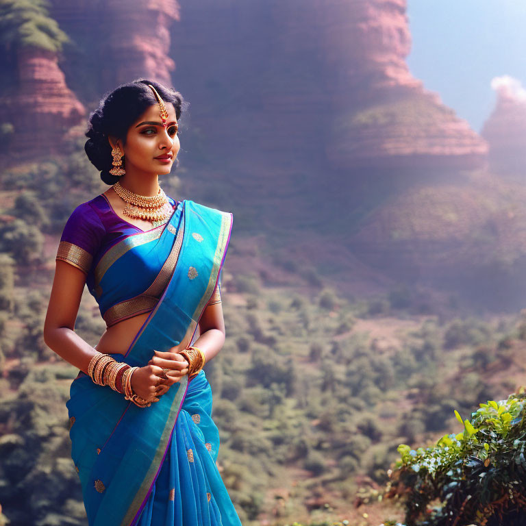 Traditional Indian Attire Woman Poses Against Majestic Red Cliffs