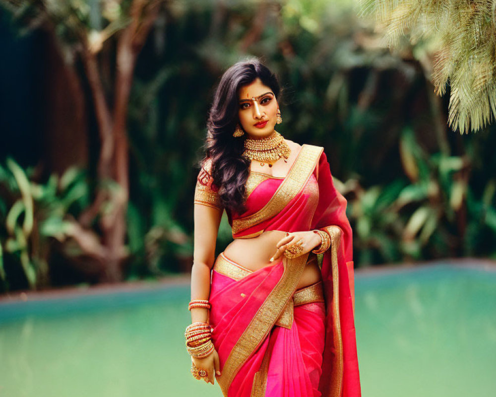 Woman in red and gold sari among lush greenery with traditional jewelry
