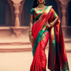 Traditional Indian Saree Woman Poses in Rich Colors and Gold Jewelry