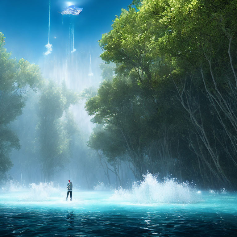 Person in flooded forest gazes at UFO emitting light beams
