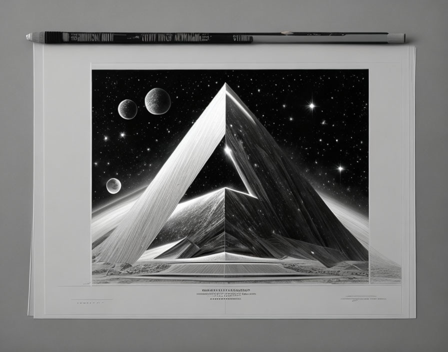 Monochrome geometric art print with celestial bodies in black frame
