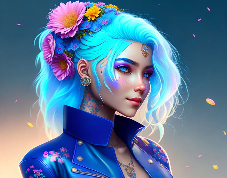 Digital artwork of woman with vibrant blue hair, flowers, freckles, blue eyes, jacket,