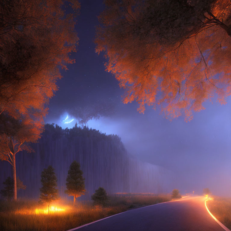 Moonlit Night Scene with Winding Road, Glowing Trees, and Misty Forest