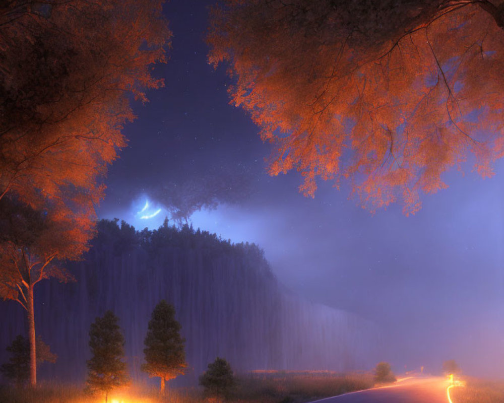 Moonlit Night Scene with Winding Road, Glowing Trees, and Misty Forest
