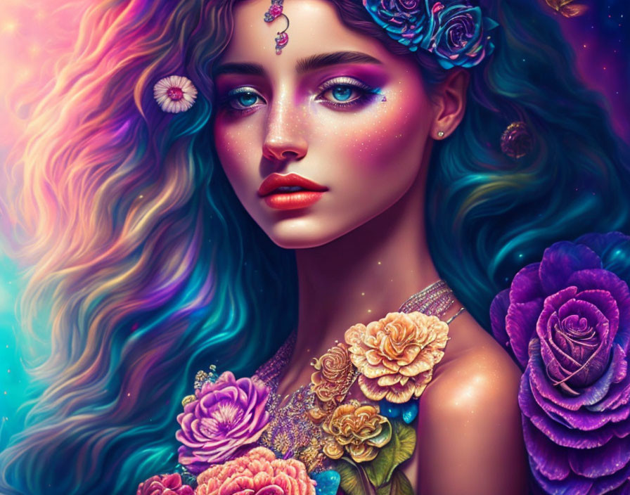 Colorful Portrait of Woman with Glitter, Flowers, and Jewelry