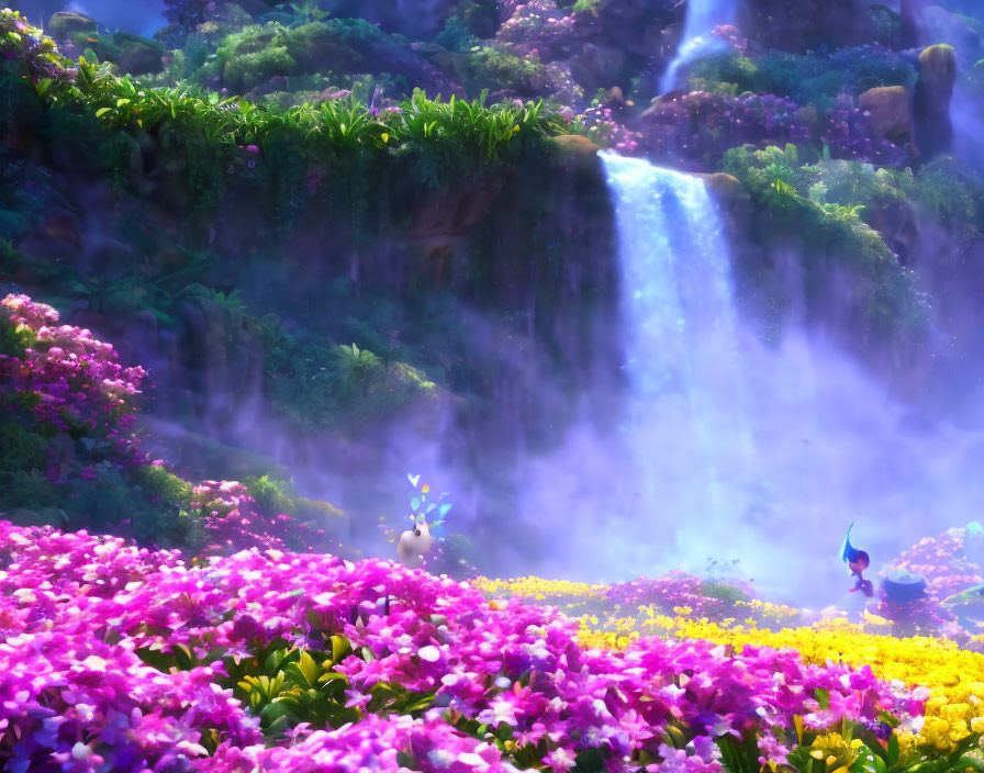 Colorful flowers, cascading waterfall, and whimsical characters in lush setting