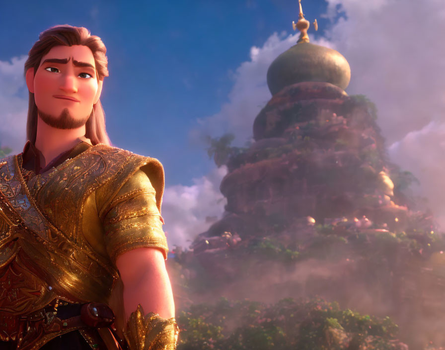 Golden-armored animated character smiles against mountain temple.
