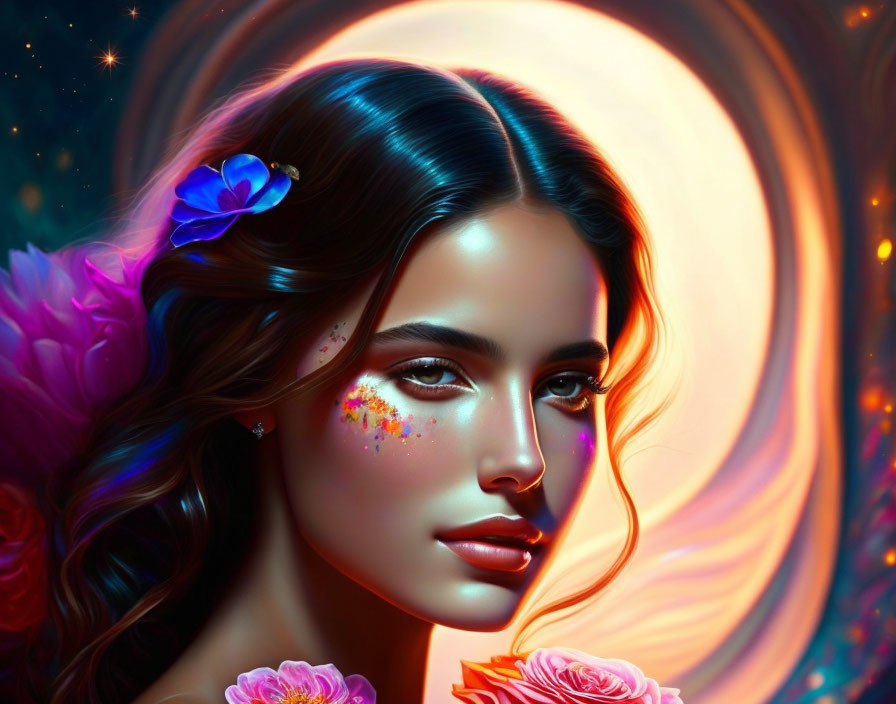 Colorful digital portrait of a woman with blue flower and glitter, against crescent moon.