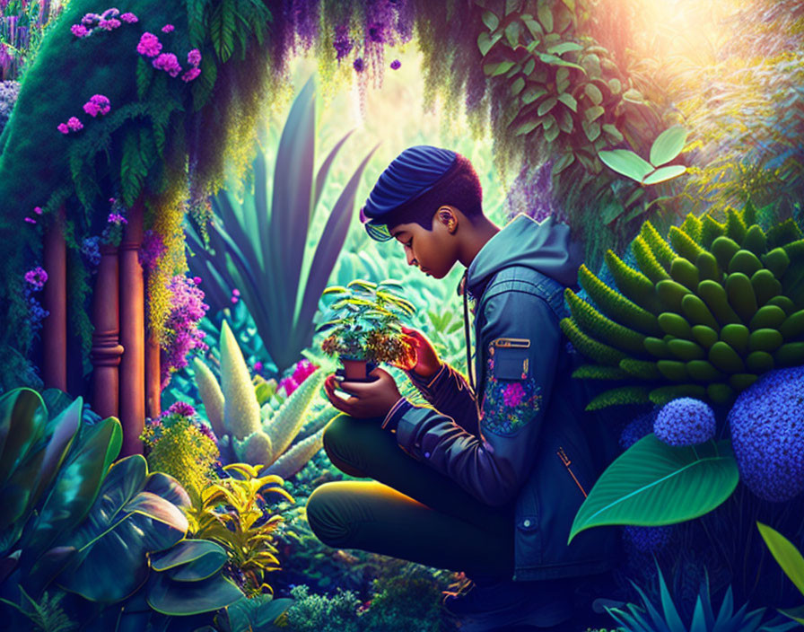 Person in Blue Jacket Examines Small Plant in Vibrant, Mystical Forest