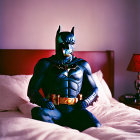 Person in Batman costume sitting on bed with pink sheets and wooden headboard under purple light.