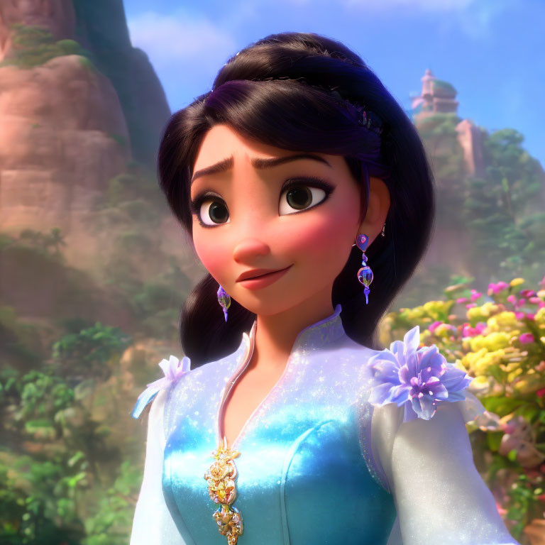 Female character with large brown eyes and long hair in blue dress against vibrant natural backdrop