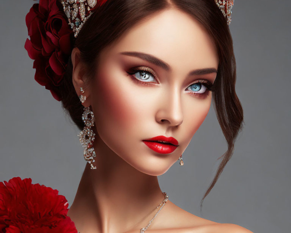 Portrait of a Woman with Striking Blue Eyes and Red Jeweled Crown