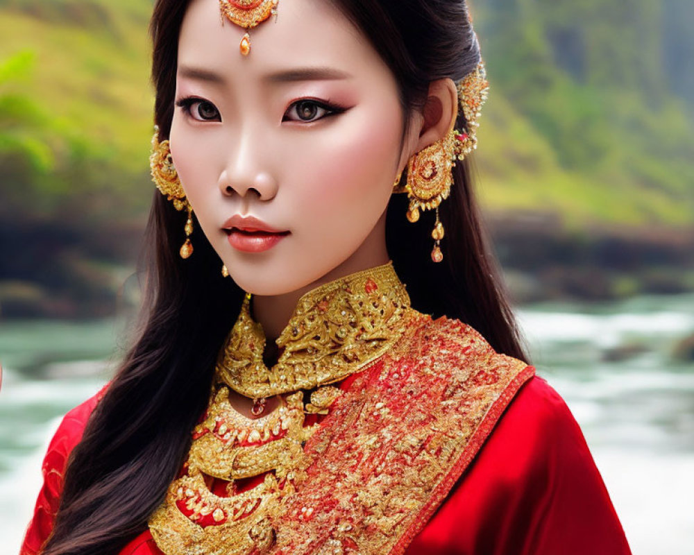Woman in Vibrant Red Outfit with Gold Jewelry on Rocky Landscape