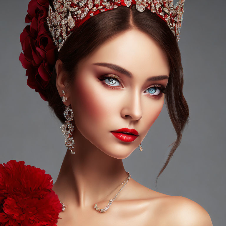 Portrait of a Woman with Striking Blue Eyes and Red Jeweled Crown