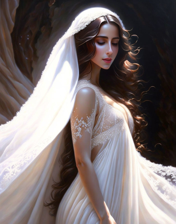 Elegant bride in white wedding gown with flowing hair