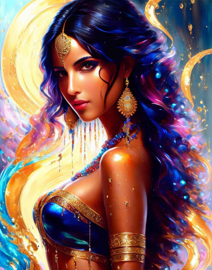 Multicolored hair woman in blue and gold attire on cosmic background