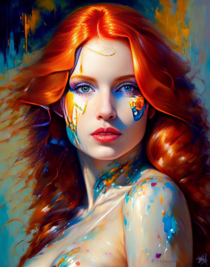 Vibrant Red Hair and Striking Blue Eyes with Colorful Paint Splashes