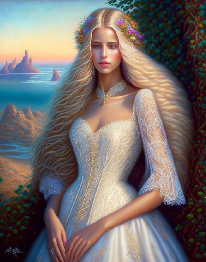 Blonde Woman in Flower Crown Wearing White Medieval Gown