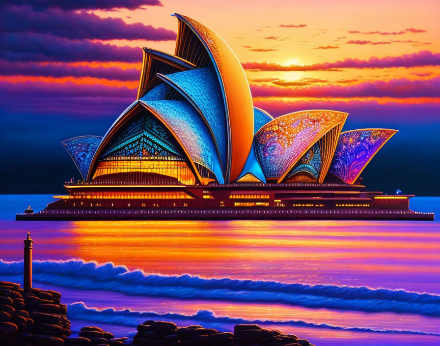 Sydney Opera House illuminated at sunset over water