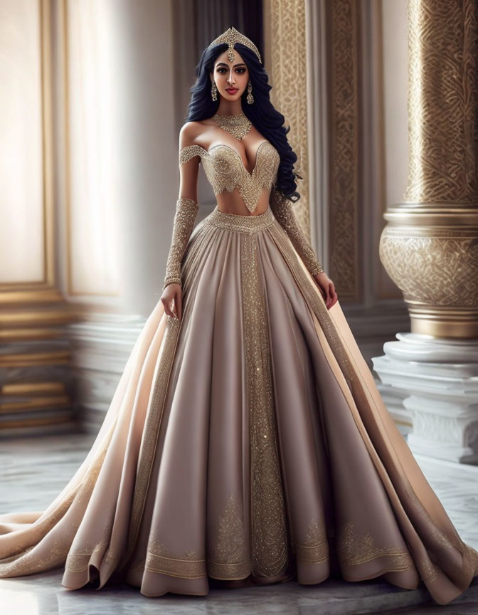 Illustrated woman in opulent beige gown with golden embroidery in luxurious room