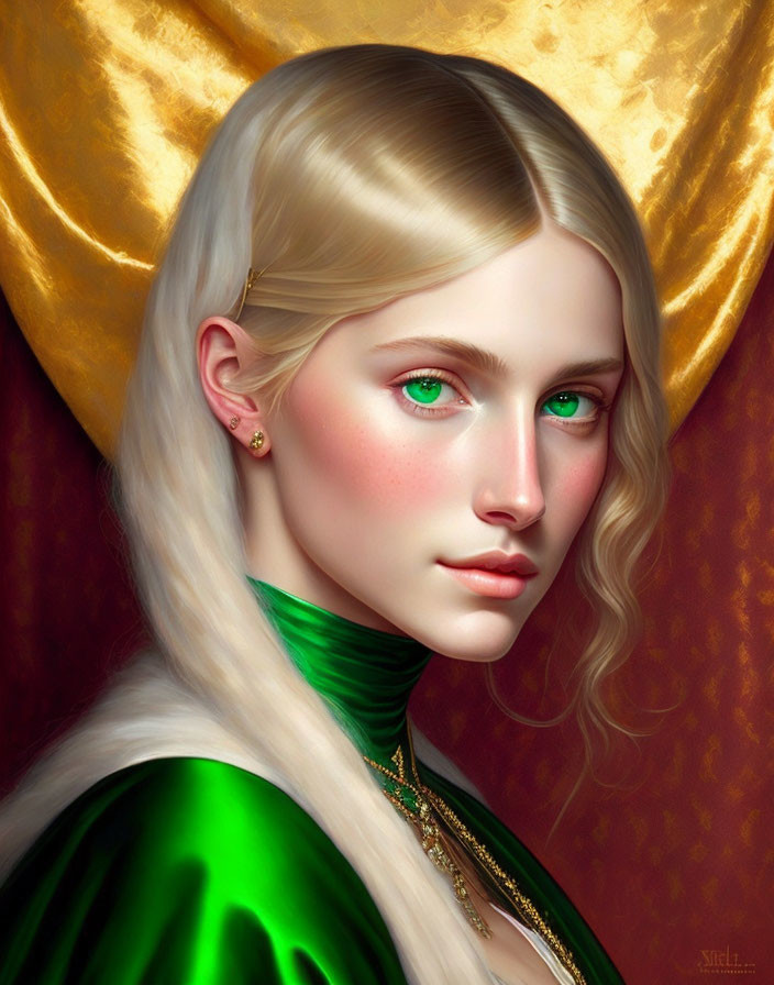 Portrait of Woman with Striking Green Eyes in Green Dress