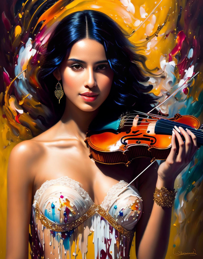 Dark-haired woman with violin against vibrant background.