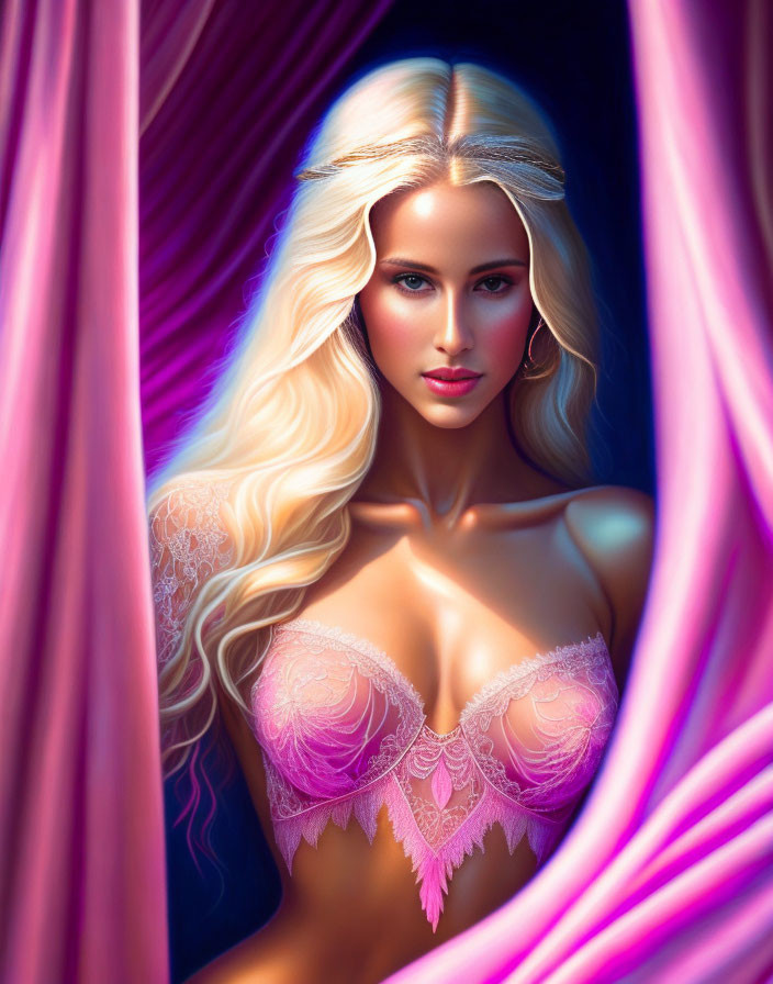 Blonde woman in pink lace bra surrounded by purple curtains