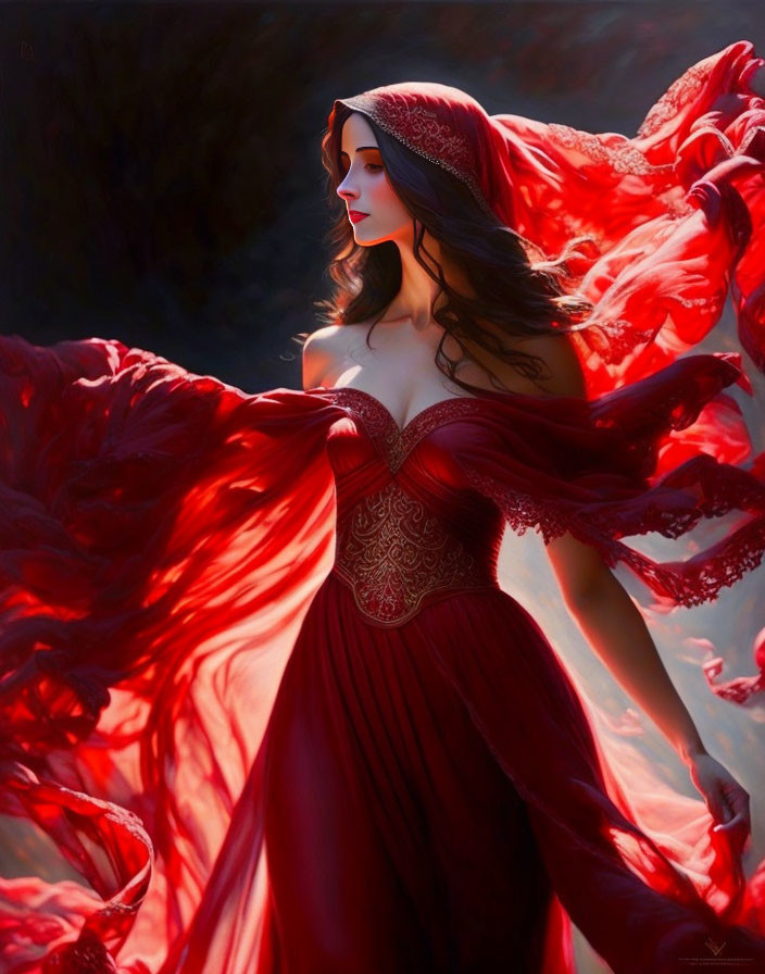 Woman in Red Hooded Dress in Dramatic Setting