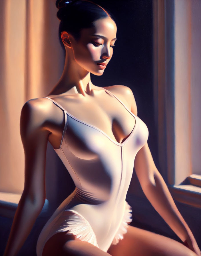 Digital artwork of woman in white bodysuit by window with dramatic shadows