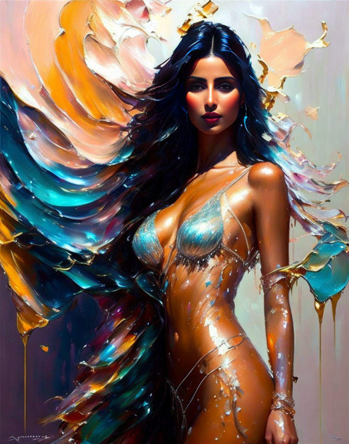 Vibrant painting of a woman with gold, blue, and cream paint splashes