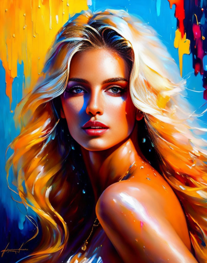 Colorful portrait of woman with blonde hair and blue eyes in front of vibrant paint backdrop