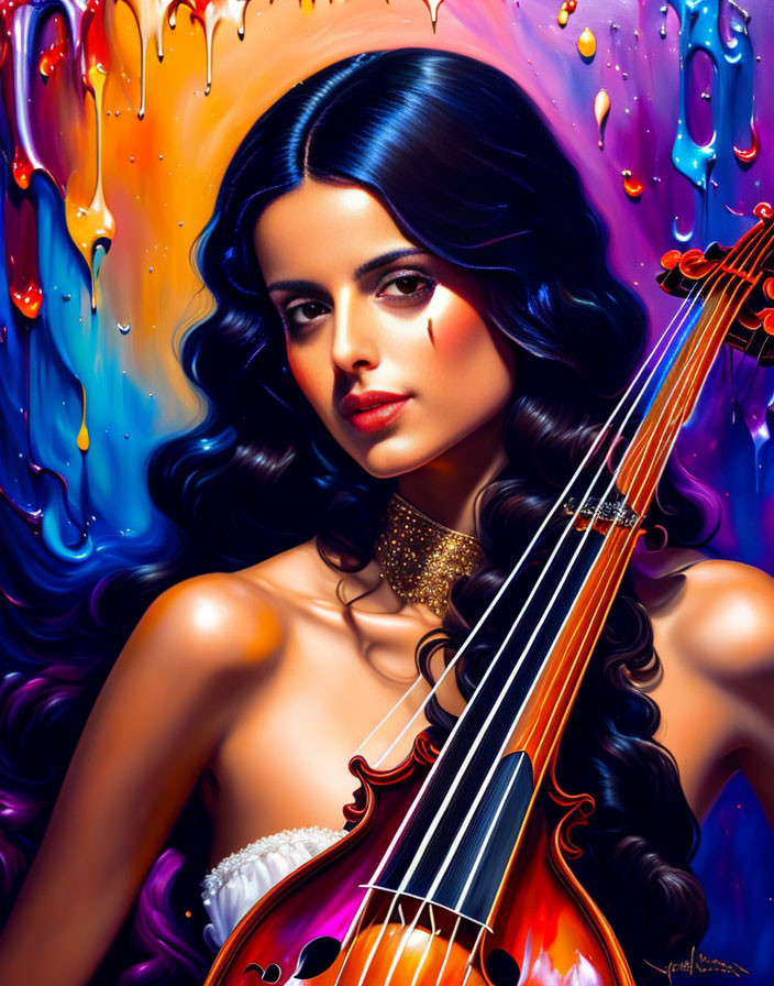 Vibrant digital artwork: Woman with violin in colorful setting