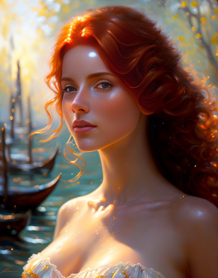 Red-haired woman in white dress by serene water with boats
