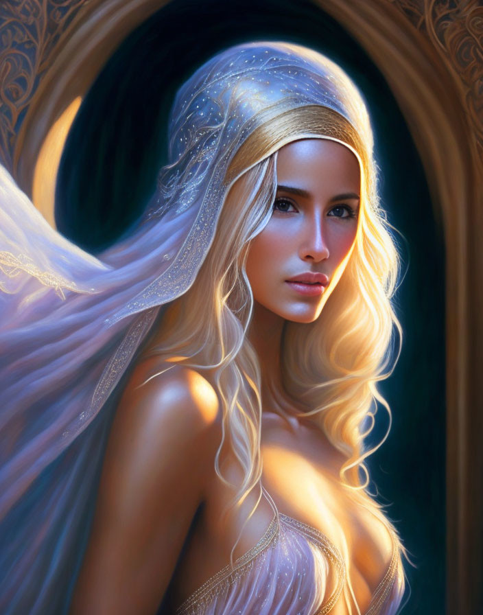 Digital painting of woman with blond hair and translucent veil in warm glow