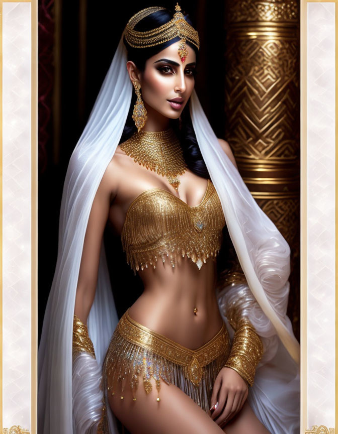 Luxurious Woman in Golden Attire and Jewelry Poses Elegantly