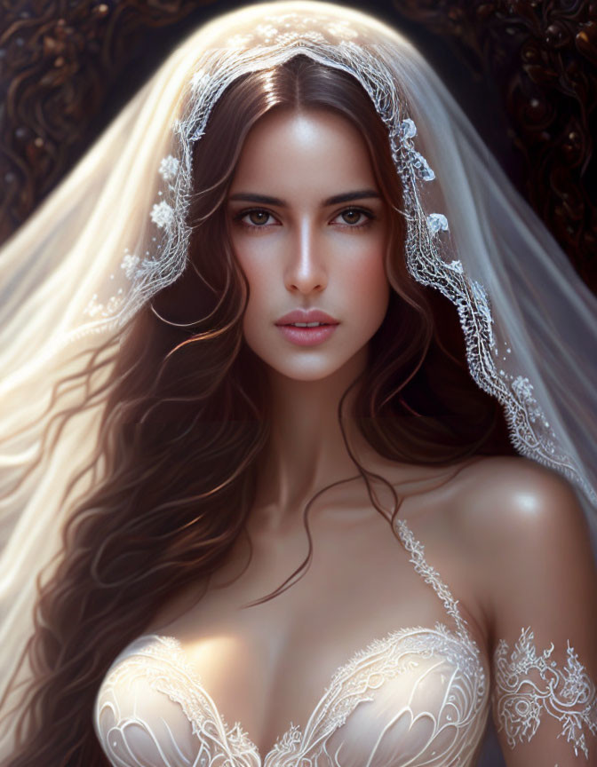 Detailed digital portrait of a woman with long wavy hair and bridal veil featuring intricate lace patterns and soft