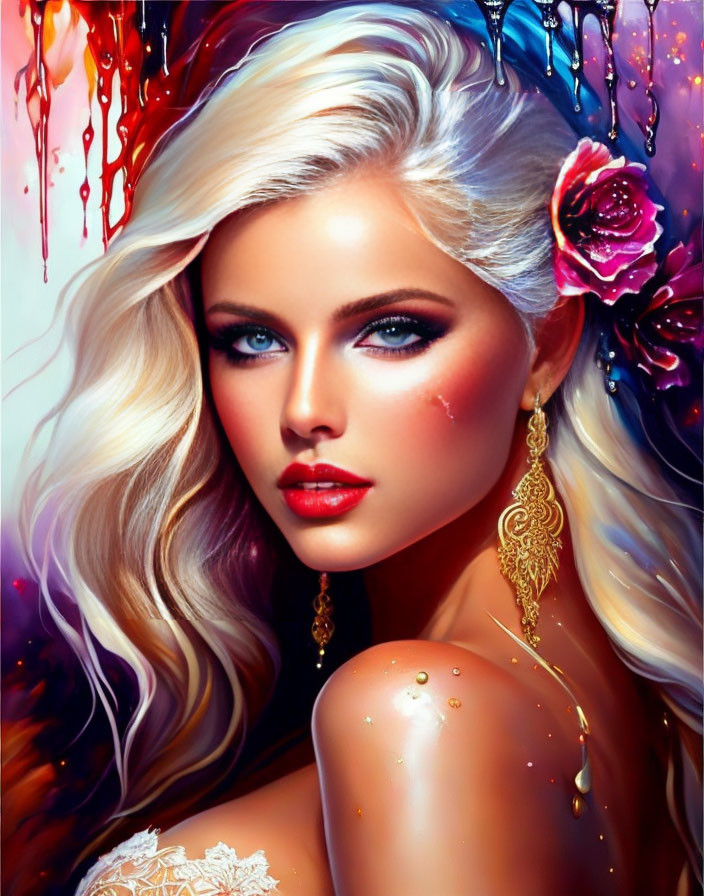 Vivid digital portrait of woman with blue eyes, blond hair, makeup, rose, and gold earrings