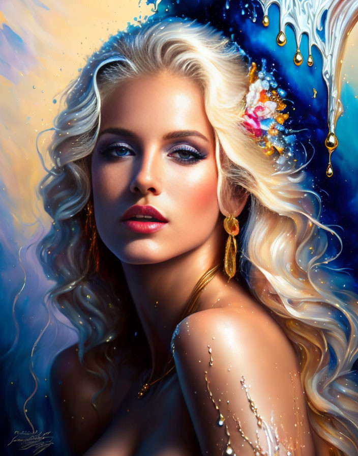 Blonde woman digital art with blue eyes and cosmic theme