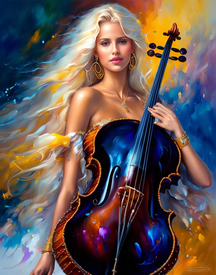 Surreal portrait of woman with blonde hair holding cello on vibrant background