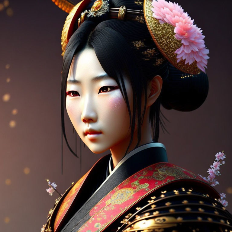Digital Artwork: Woman in Traditional Japanese Attire and Armor