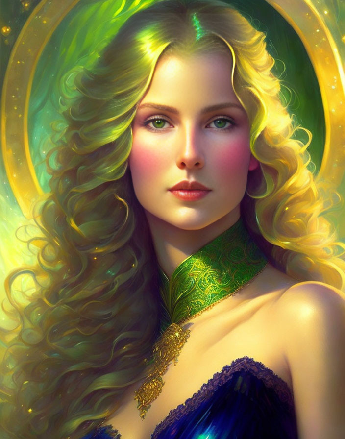 Illustration of Woman with Golden Hair, Green Light, Blue Eyes, and Ornate Necklace